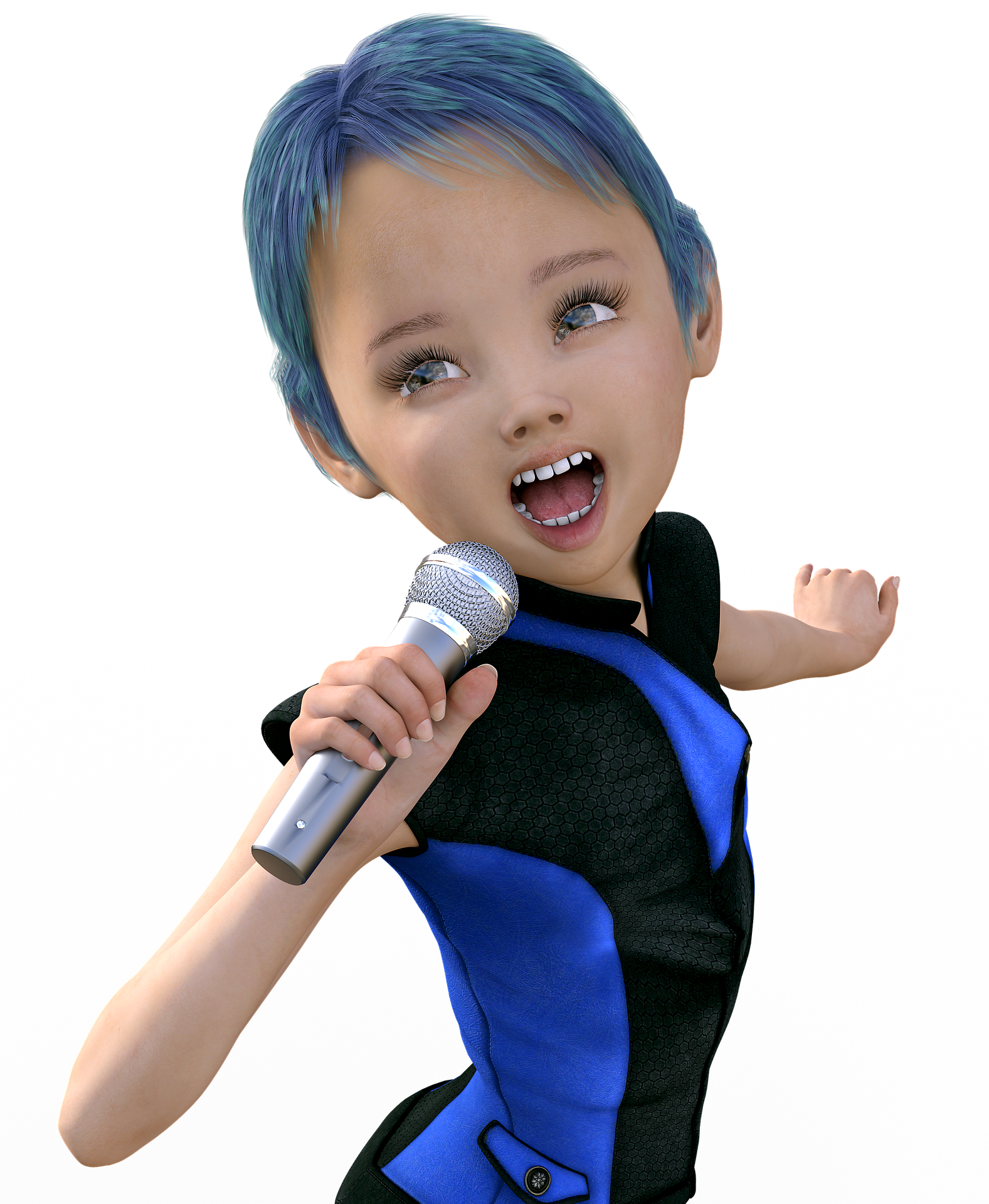 Comicfigur. Kind mit blauen Haaren und schwarz-blauem Anzug singt mit viel Ausdruck in ein Mikrofon.